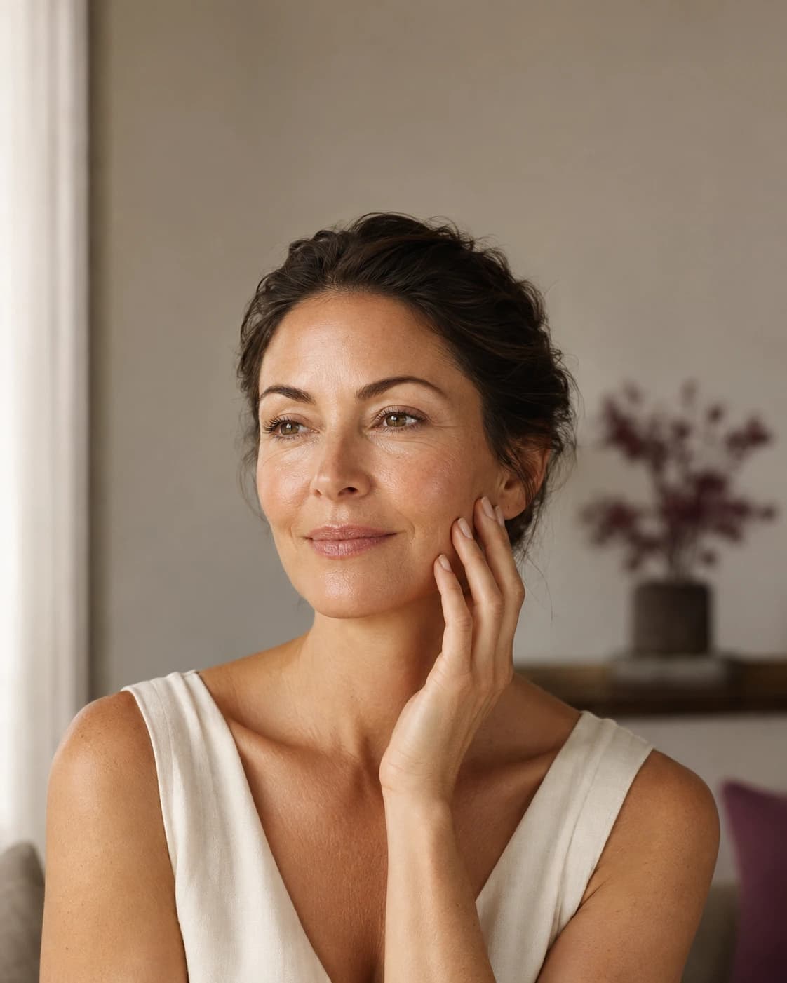 A woman gently placing her hand on her cheek during a face yoga practice at home