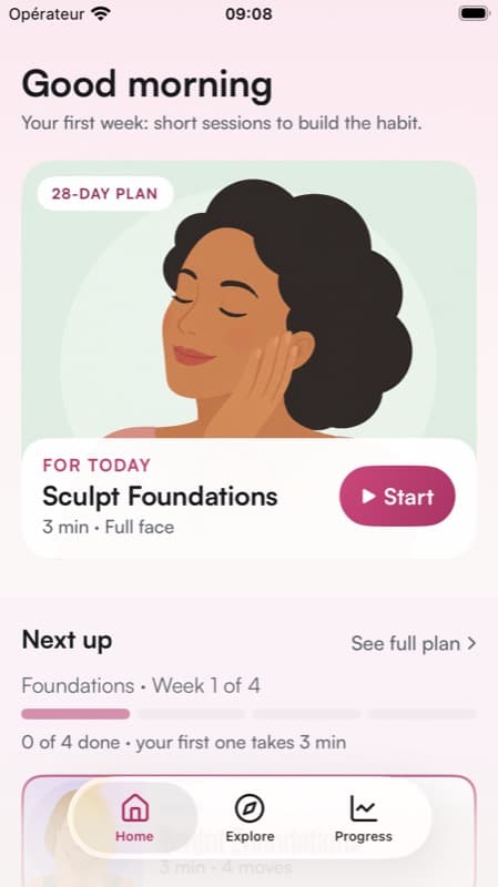 Mewy iOS app showing the daily guided face yoga session and upcoming sessions