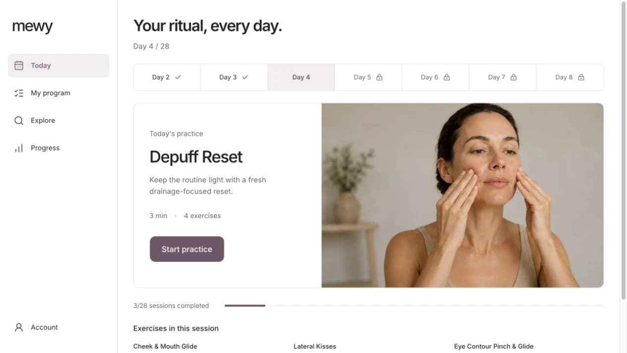 Mewy program interface showing a daily face yoga session, guided exercises and program progress